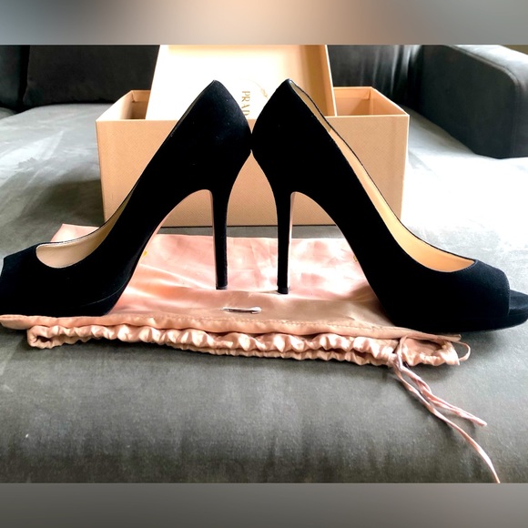 Prada Peep Black Toe Heels Size 37.5 - Picture 1 of 7